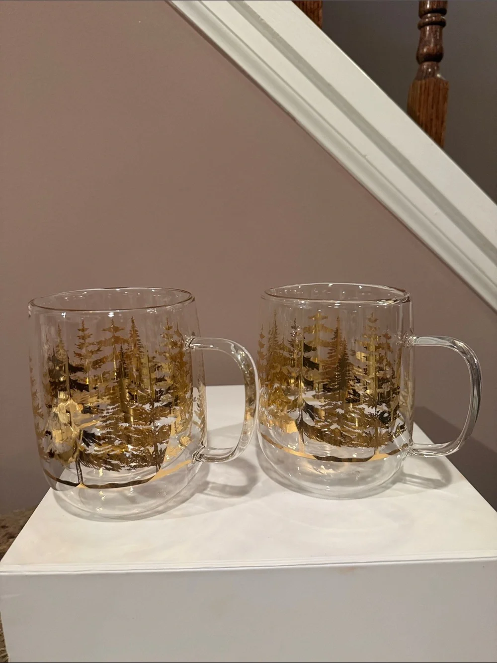 Williams Sonoma Gold Forest Decorated Double-Wall Glass Mug, S/2